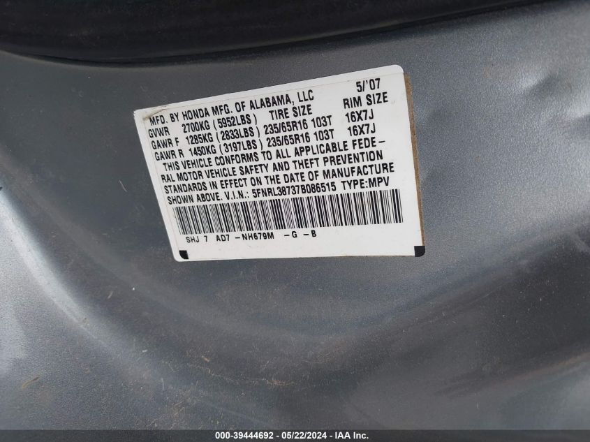 2007 Honda Odyssey Ex-L VIN: 5FNRL38737B086515 Lot: 39444692