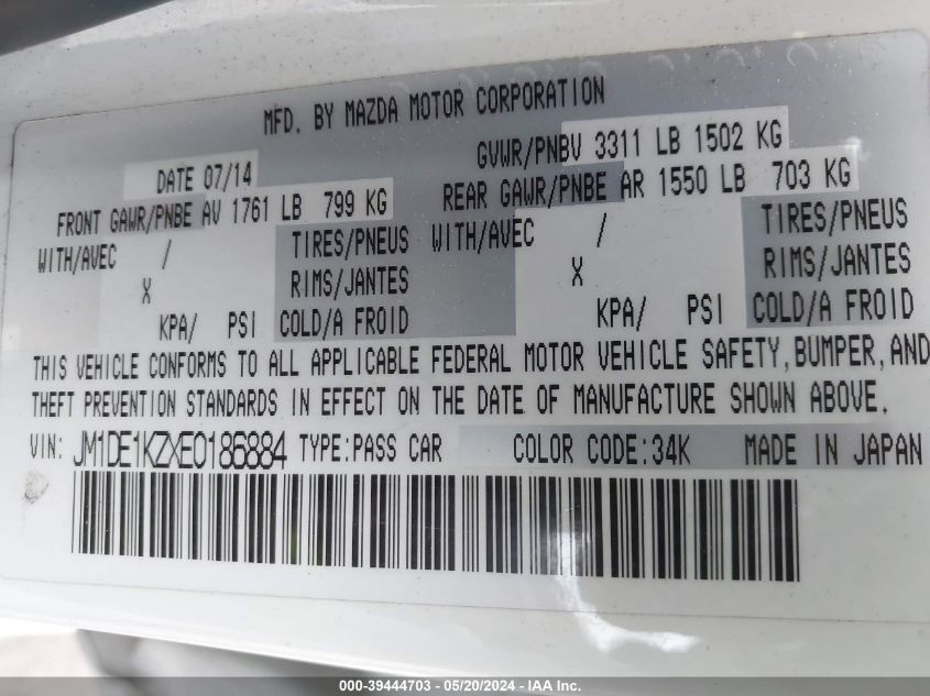 2014 Mazda Mazda2 Sport VIN: JM1DE1KZXE0186884 Lot: 39444703