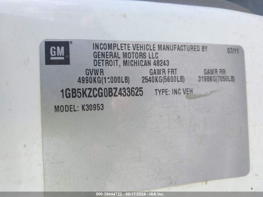 2011 Chevrolet Silverado 3500Hd Work Truck VIN: 1GB5KZCG0BZ433625 Lot: 39444722