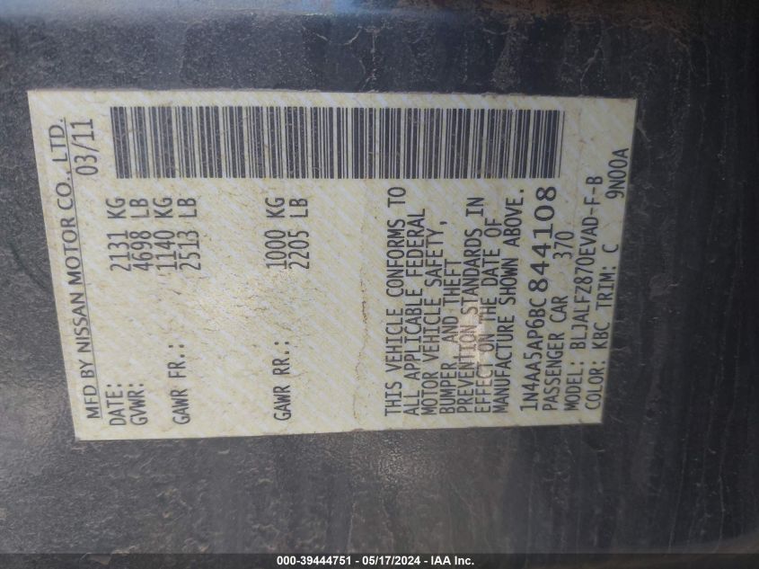 2011 Nissan Maxima S/Sv VIN: 1N4AA5AP6BC844108 Lot: 39444751