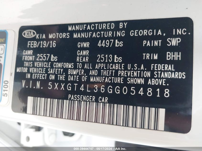 2016 Kia Optima Lx VIN: 5XXGT4L36GG054818 Lot: 39444757