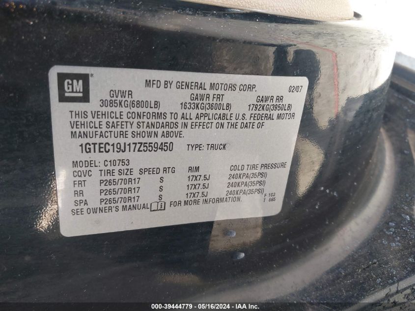 2007 GMC Sierra 1500 Sle1 VIN: 1GTEC19J17Z559450 Lot: 39444779