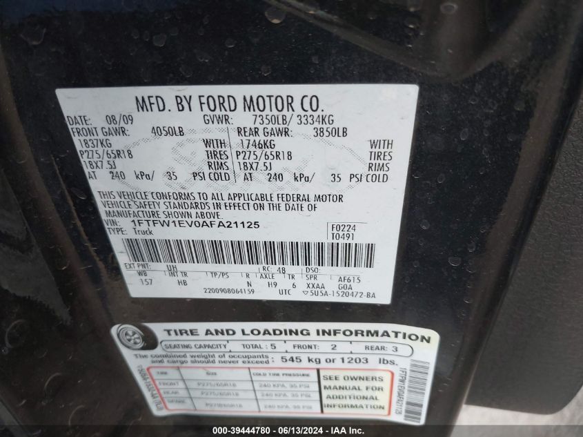 2010 Ford F-150 Fx4/Harley-Davidson/King Ranch/Lariat/Platinum/Xl/Xlt VIN: 1FTFW1EV0AFA21125 Lot: 39444780