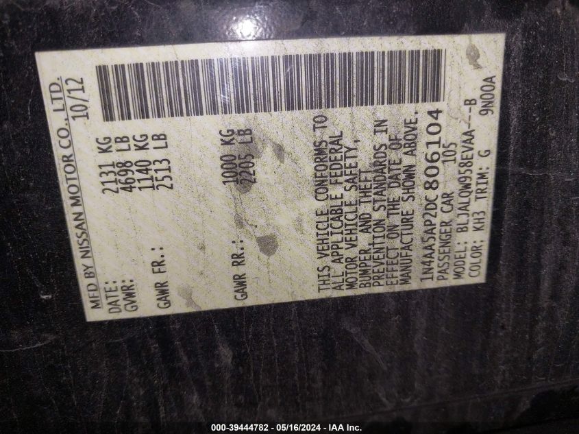 2013 Nissan Maxima 3.5 S VIN: 1N4AA5AP2DC806104 Lot: 39444782