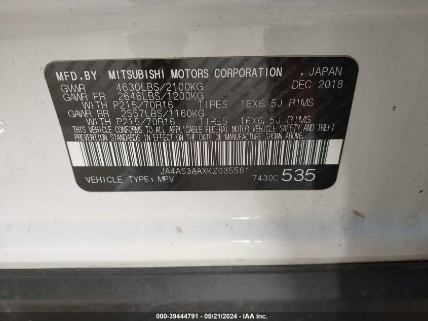 JA4AS3AAXKZ035581 2019 Mitsubishi Eclipse Cross Es