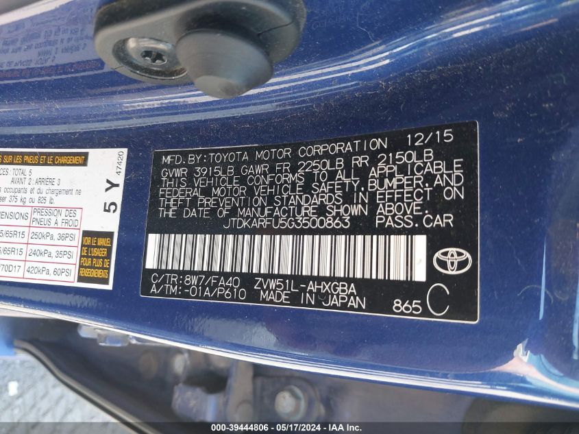 2016 Toyota Prius Three VIN: JTDKARFU5G3500863 Lot: 39444806