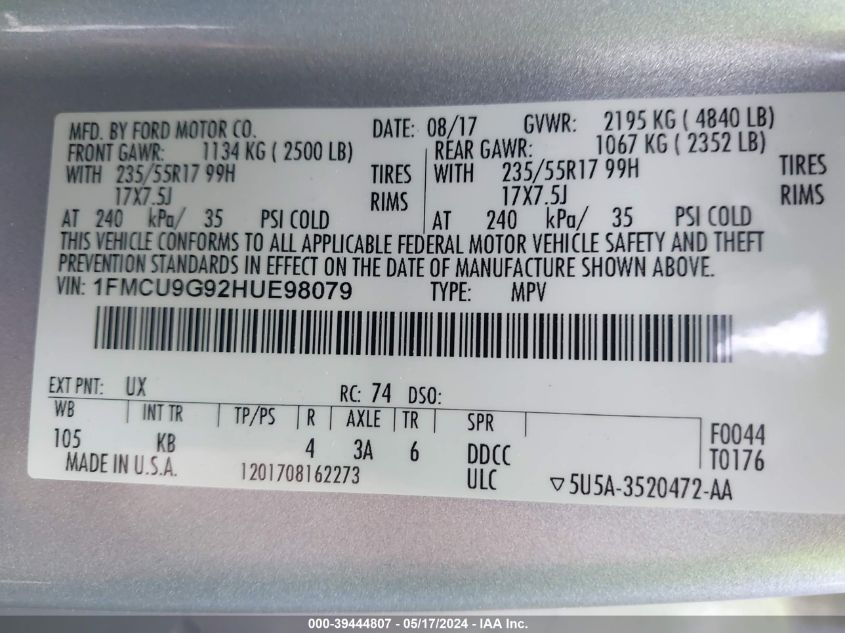 2017 Ford Escape Se VIN: 1FMCU9G92HUE98079 Lot: 39444807