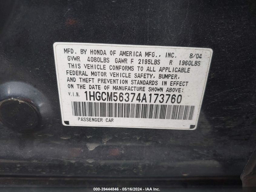 2004 Honda Accord 2.4 Lx VIN: 1HGCM56374A173760 Lot: 39444846