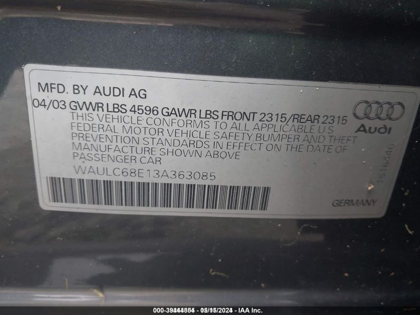 WAULC68E13A363085 2003 Audi A4 1.8T