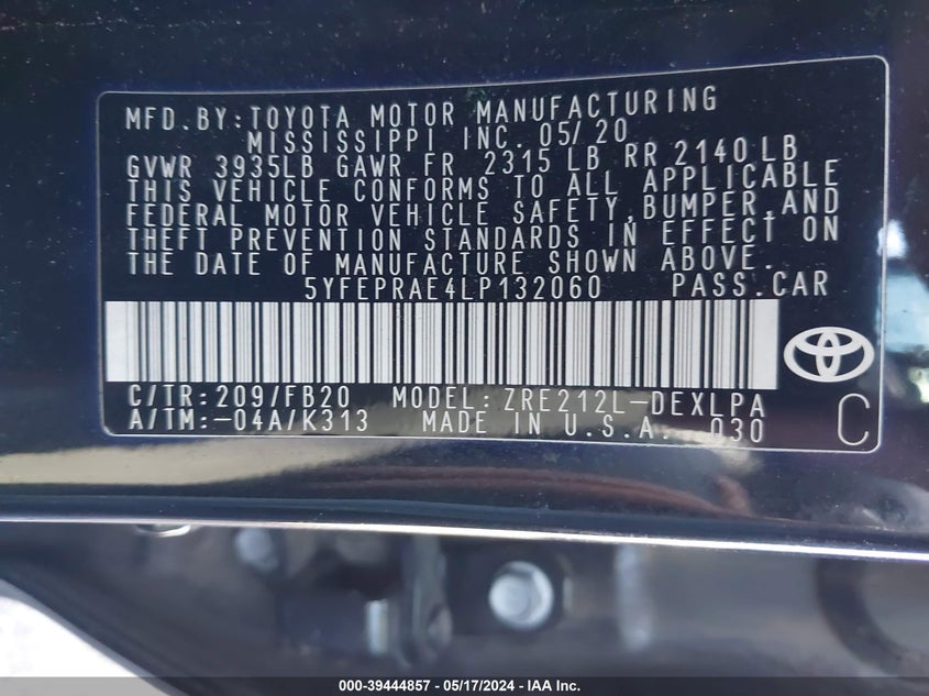 VIN 5YFEPRAE4LP132060 2020 TOYOTA COROLLA LE