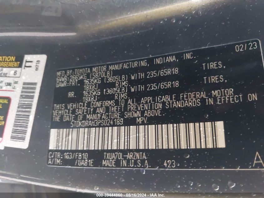 2023 Toyota Highlander Le VIN: 5TDKDRAH3PS024189 Lot: 39444860