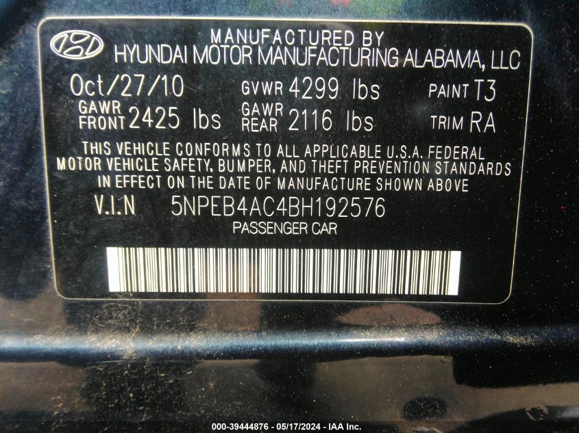 2011 Hyundai Sonata Gls VIN: 5NPEB4AC4BH192576 Lot: 39444876