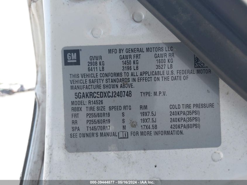 2012 Buick Enclave Leather VIN: 5GAKRCEDXCJ240748 Lot: 39444877