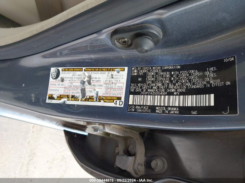 2005 Toyota Highlander V6 VIN: JTEDP21A350054069 Lot: 39444878