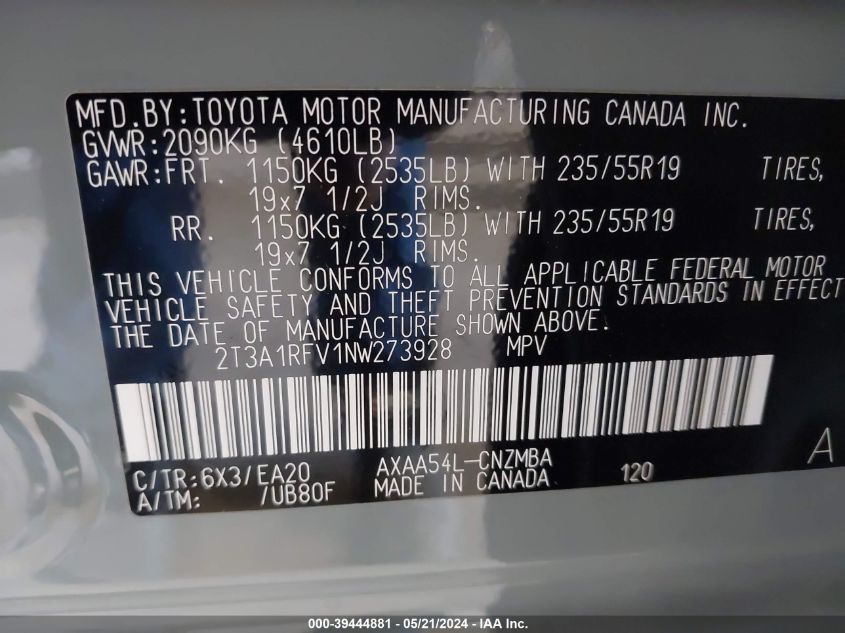2022 Toyota Rav4 Xle Premium VIN: 2T3A1RFV1NW273928 Lot: 39444881