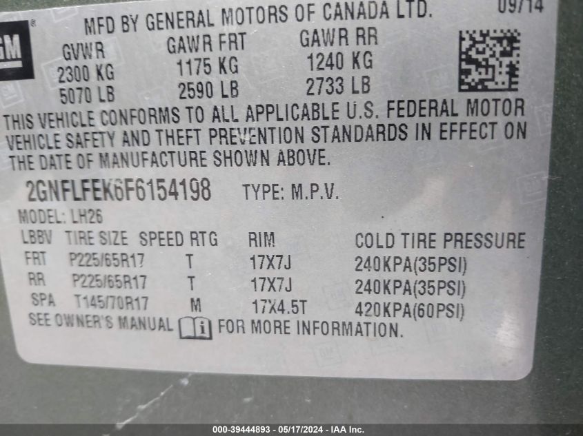 2015 Chevrolet Equinox 1Lt VIN: 2GNFLFEK6F61541 Lot: 39444893