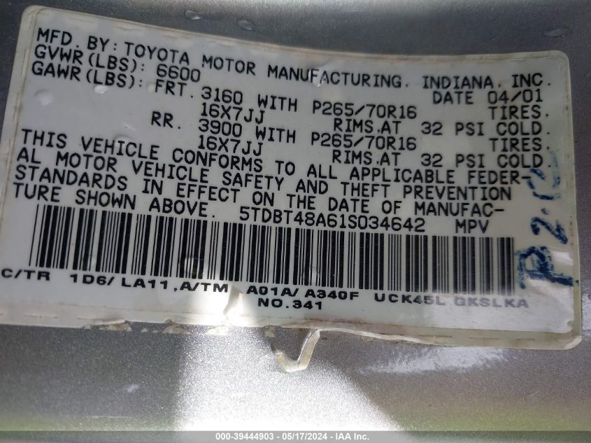 2001 Toyota Sequoia Limited V8 VIN: 5TDBT48A61S034642 Lot: 39444903