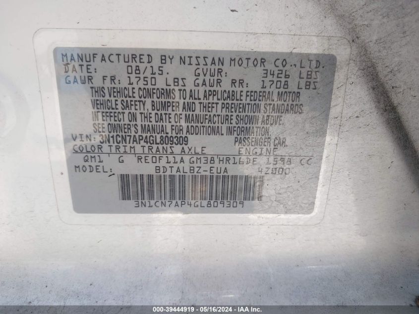 2016 Nissan Versa 1.6 S/1.6 S+/1.6 Sl/1.6 Sv VIN: 3N1CN7AP4GL809309 Lot: 39444919