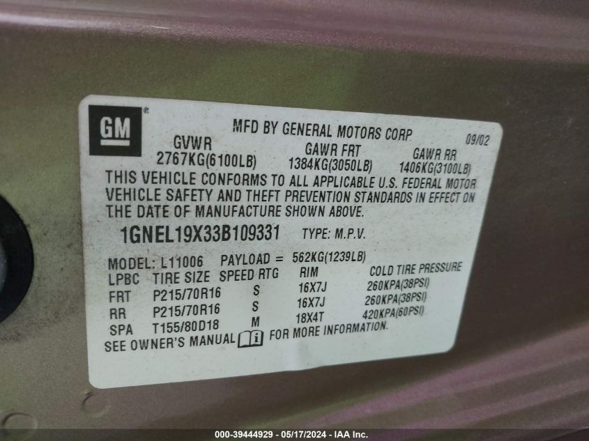 2003 Chevrolet Astro VIN: 1GNEL19X33B109331 Lot: 39444929