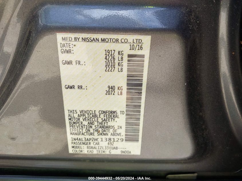 2017 Nissan Altima 2.5 Sv VIN: 1N4AL3AP2HC138129 Lot: 39444932