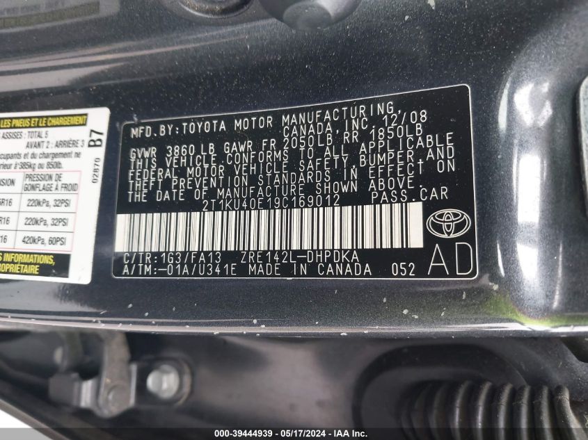 2T1KU40E19C169012 2009 Toyota Matrix