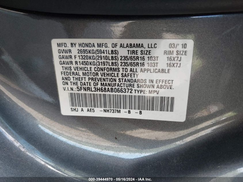 2010 Honda Odyssey Ex-L VIN: 5FNRL3H68AB066372 Lot: 39444970