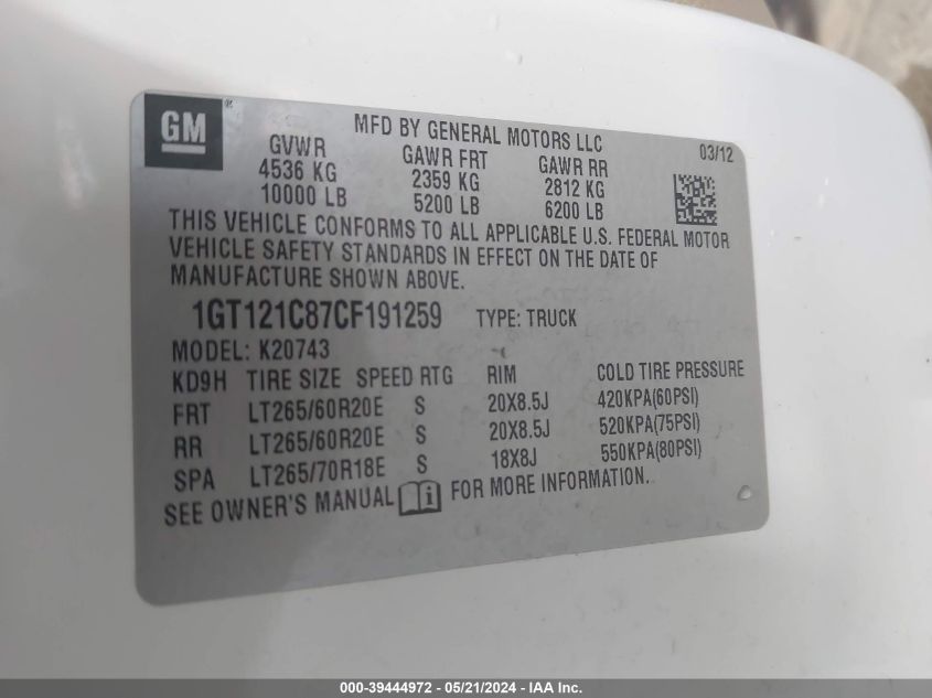 2012 GMC Sierra 2500Hd Slt VIN: 1GT121C87CF191259 Lot: 39444972