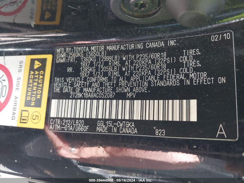 2010 Lexus Rx 350 VIN: 2T2BK1BA8AC052087 Lot: 39444988