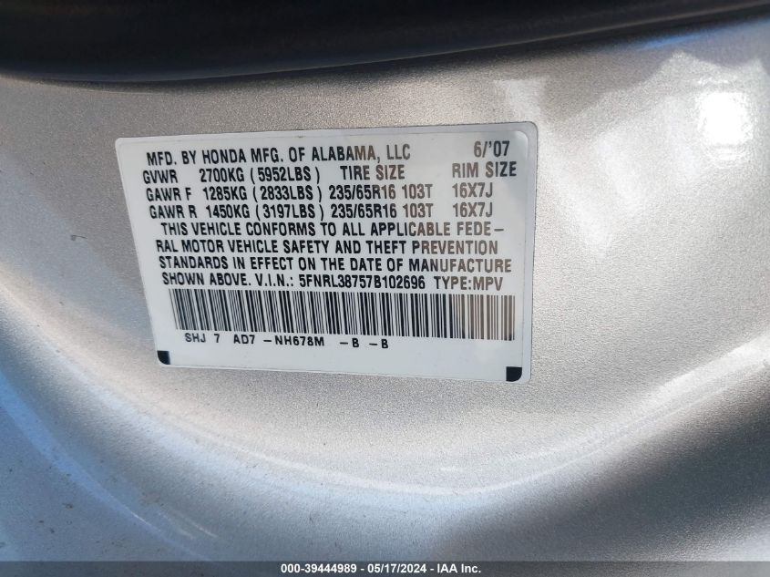 2007 Honda Odyssey Exl VIN: 5FNRL38757B102696 Lot: 39444989