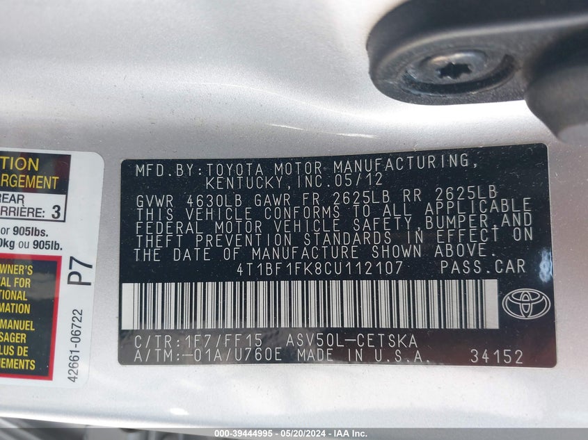 2012 Toyota Camry Se VIN: 4T1BF1FK8CU112107 Lot: 39444995