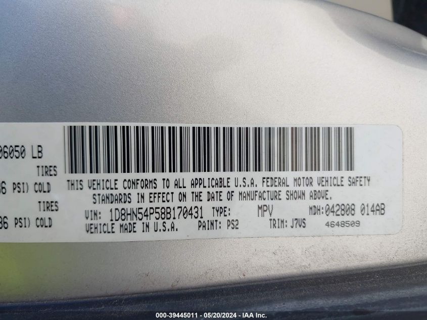 2008 Dodge Grand Caravan Sxt VIN: 1D8HN54P58B170431 Lot: 39445011