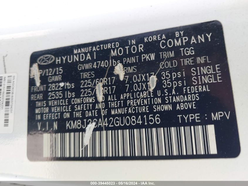 2016 Hyundai Tucson Se VIN: KM8J3CA42GU084156 Lot: 39445023
