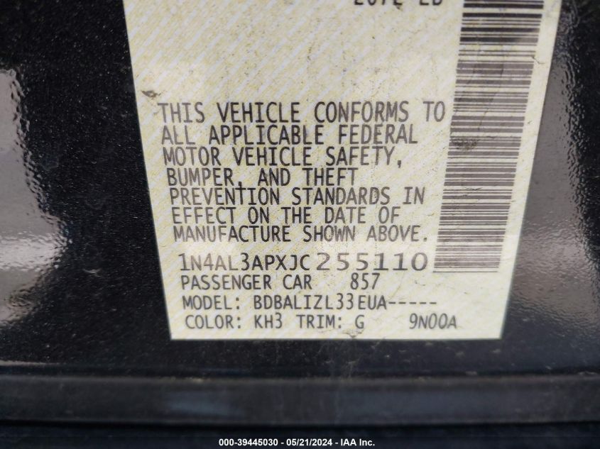 2018 Nissan Altima 2.5/S/Sv/Sl/Sr VIN: 1N4AL3APXJC255110 Lot: 39445030