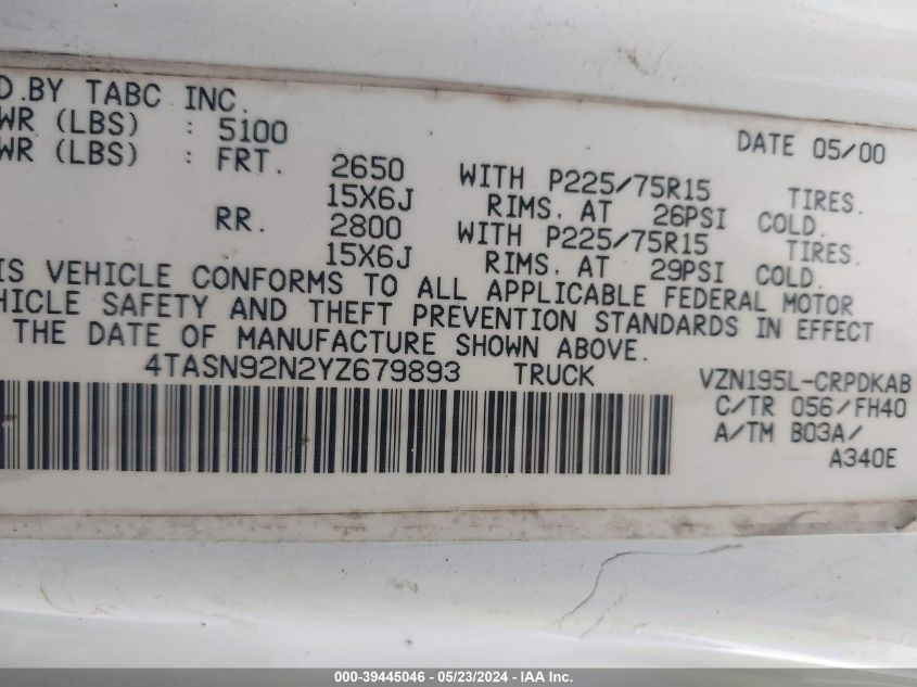 2000 Toyota Tacoma Prerunner V6 VIN: 4TASN92N2YZ679893 Lot: 39445046