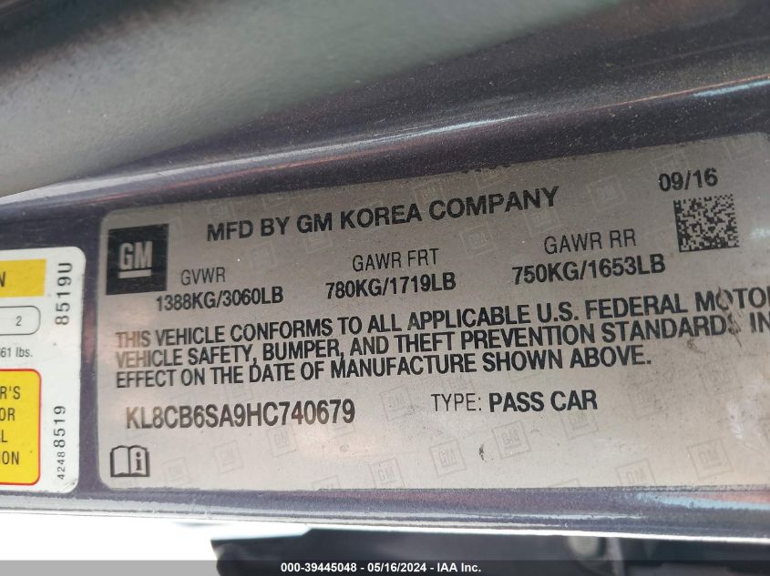 2017 Chevrolet Spark Ls Cvt VIN: KL8CB6SA9HC740679 Lot: 39445048