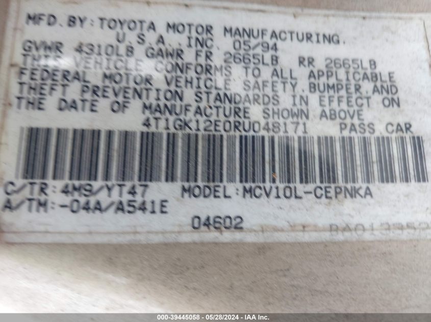 1994 Toyota Camry Le VIN: 4T1GK12E0RU048171 Lot: 39445058