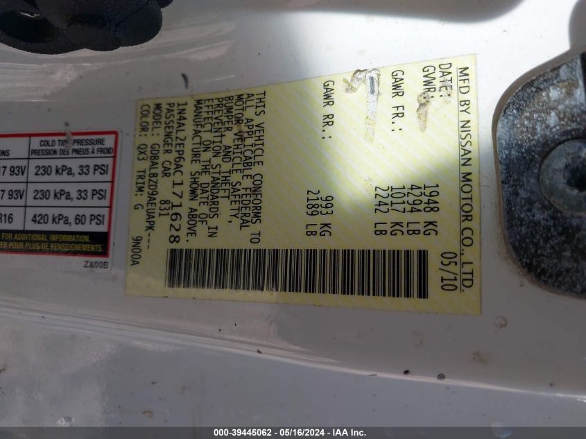 2010 Nissan Altima 2.5 S VIN: 1N4AL2EP6AC171628 Lot: 39445062