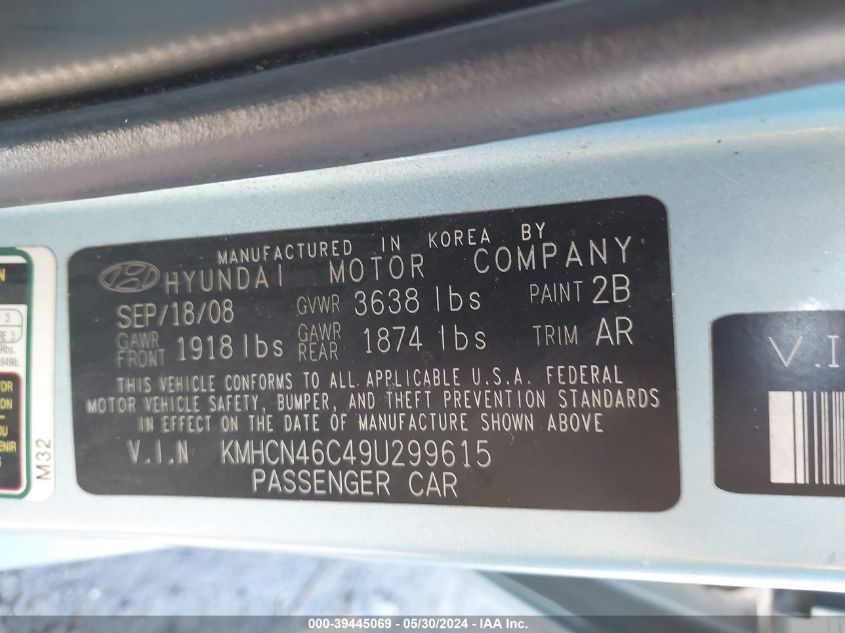 2009 Hyundai Accent Gls VIN: KMHCN46C49U299615 Lot: 39445069
