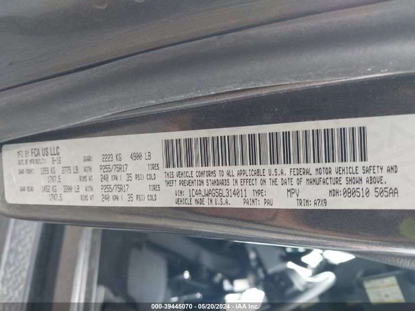 2016 Jeep Wrangler Sport VIN: 1C4AJWAG5GL314011 Lot: 39445070