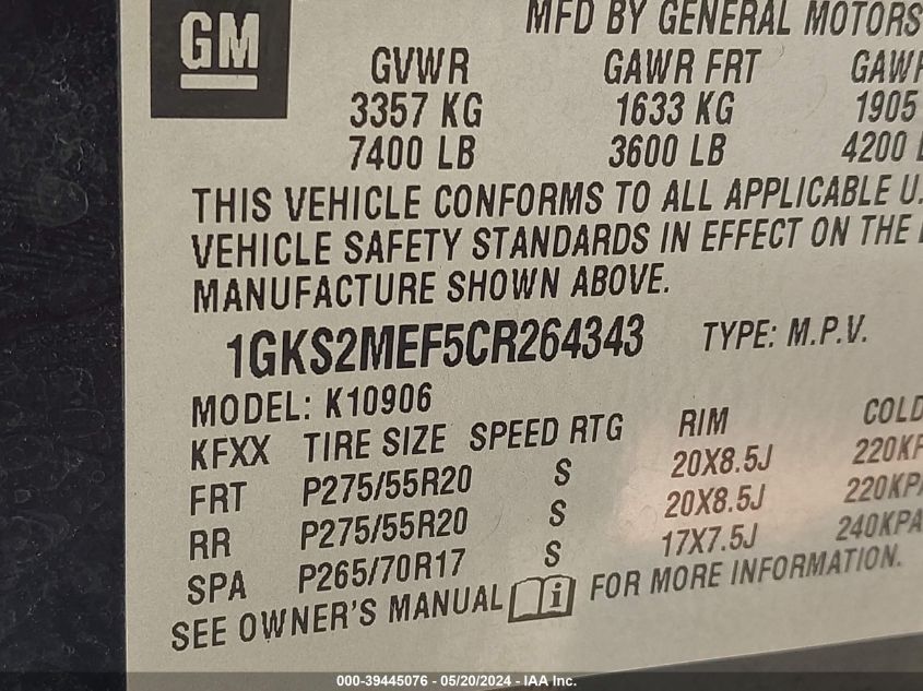2012 GMC Yukon Xl 1500 Denali VIN: 1GKS2MEF5CR264343 Lot: 39445076