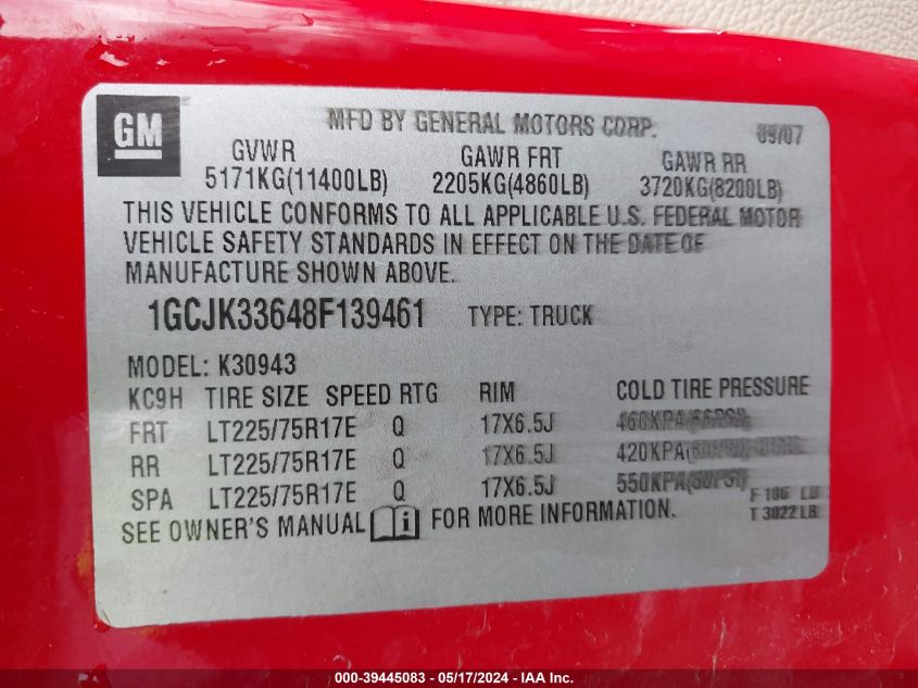 2008 Chevrolet Silverado 3500Hd Ltz VIN: 1GCJK33648F139461 Lot: 39445083