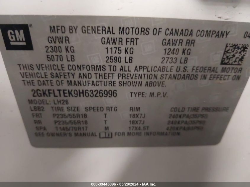 2017 GMC Terrain Sle-2 VIN: 2GKFLTEK9H6326996 Lot: 39445096