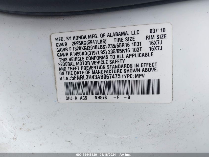 2010 Honda Odyssey Ex VIN: 5FNRL3H43AB067475 Lot: 39445120