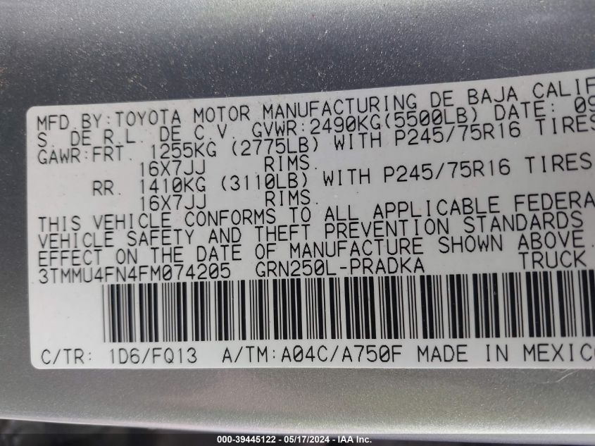2015 Toyota Tacoma Base V6 VIN: 3TMMU4FN4FM074205 Lot: 39445122