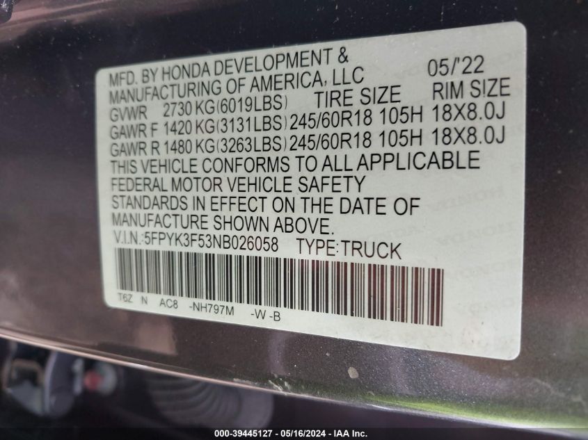 2022 Honda Ridgeline Rtl VIN: 5FPYK3F53NB026058 Lot: 39445127