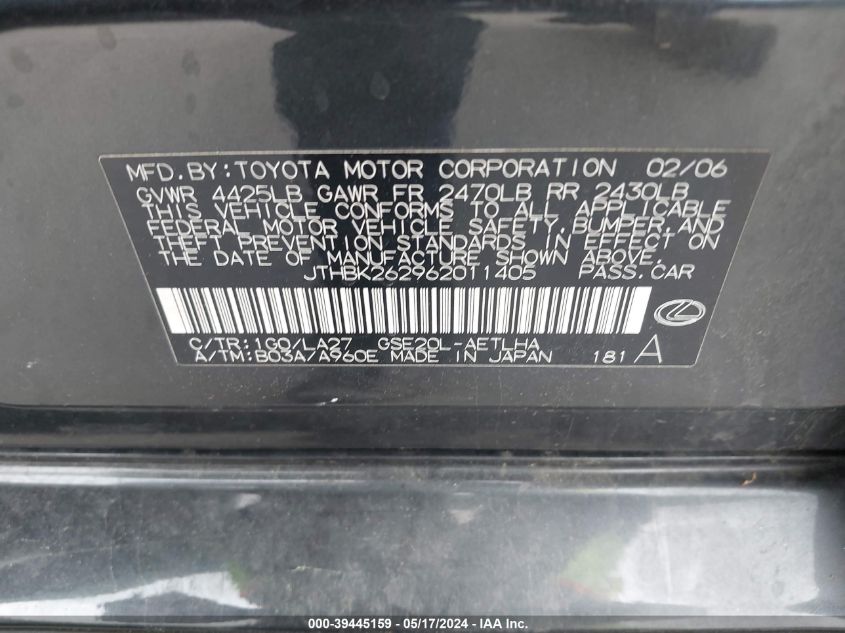 2006 Lexus Is 250 VIN: JTHBK262962011405 Lot: 39445159