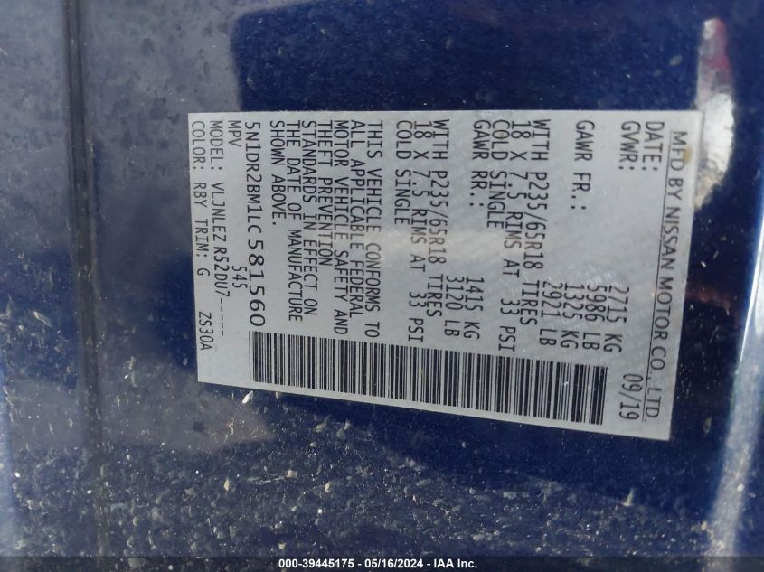 2020 Nissan Pathfinder Sv 4Wd VIN: 5N1DR2BM1LC581560 Lot: 39445175