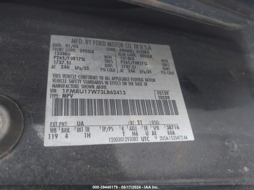 2003 Ford Expedition Eddie Bauer VIN: 1FMRU17W73LB62413 Lot: 39445179