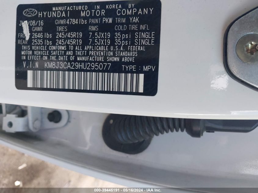 2017 Hyundai Tucson Sport VIN: KM8J3CA29HU295077 Lot: 39445191