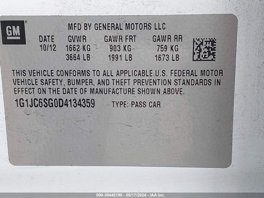 2013 Chevrolet Sonic Lt Auto VIN: 1G1JC6SG0D4134359 Lot: 39445190